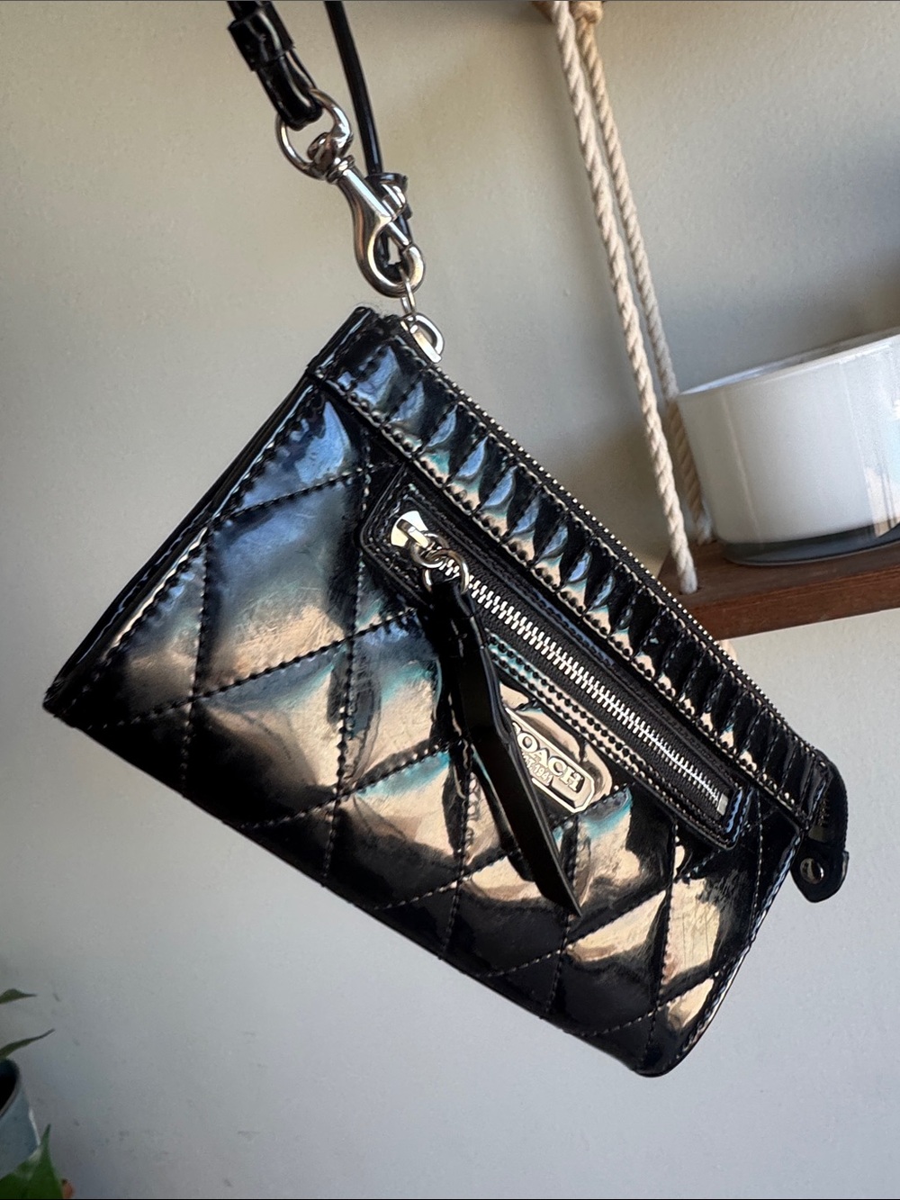 Coach Black Quilted Patent Leather Wristlet Clutch